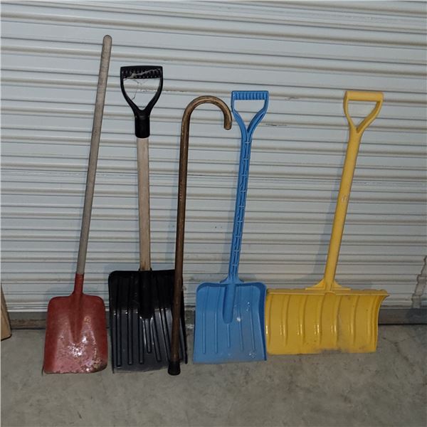 Lot of 4 Youth Shovels + 1 Wooden Cane