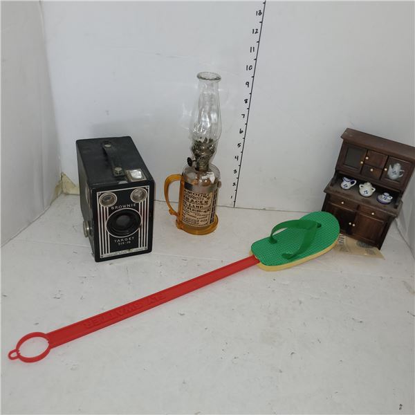 Vintage Lot - Brownie Camera, Decorative Oil Lamp +