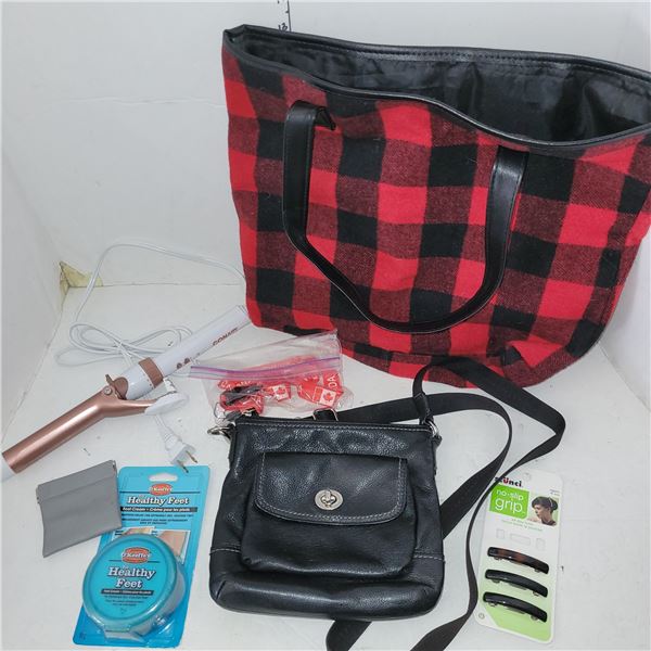 Ladies Estate Lot - Plaid Bag, Curling Iron, O'Keefes Feet, Leather Purse +