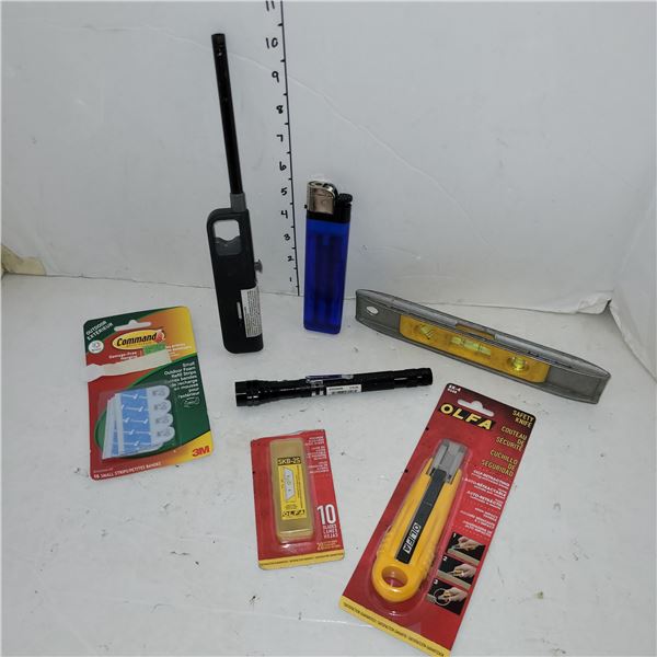 Command Strips, New Utilty Knife with Blades, Level, Magnetic Flashlight, Jumbo Lighter