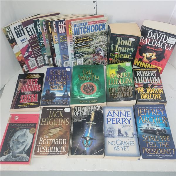 11 Paperback Books, mainly Thrillers/Mysteries, and 10 Ellery Queen and Hitchcock Mystery Magazines
