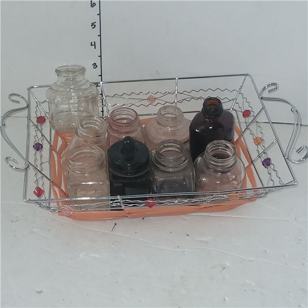 Lot of Collectible Antique/Vintage Ink Bottles in Decorative Metal Basket