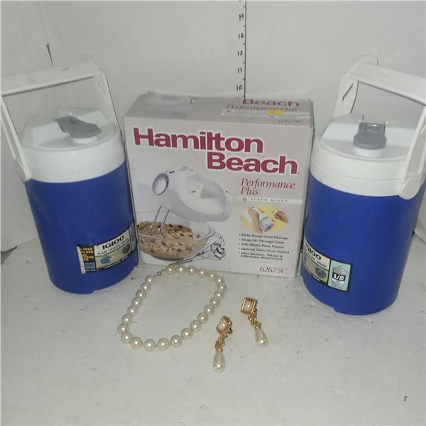 2 Water Coolers, Hamilton Beach Mixer, Costume Jewellery