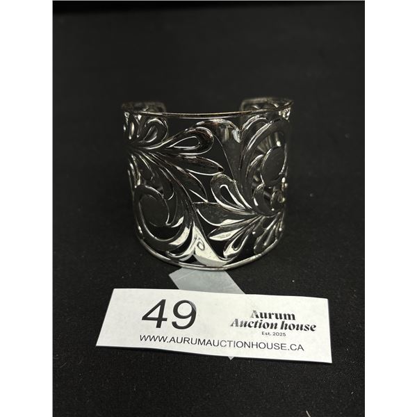 Vintage Designer Signed "Joan Rivers" Genuine Red Leather Silver Cuff C..1980s Quality Solid