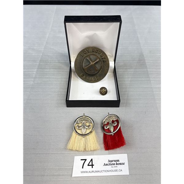 Boy Scout Paperweight, 2 Cap Badges and a Button
