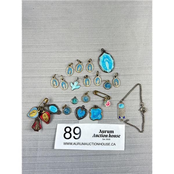 Lot of Blue Enamel Religous Medals - Some are Sterling and 800 Silver