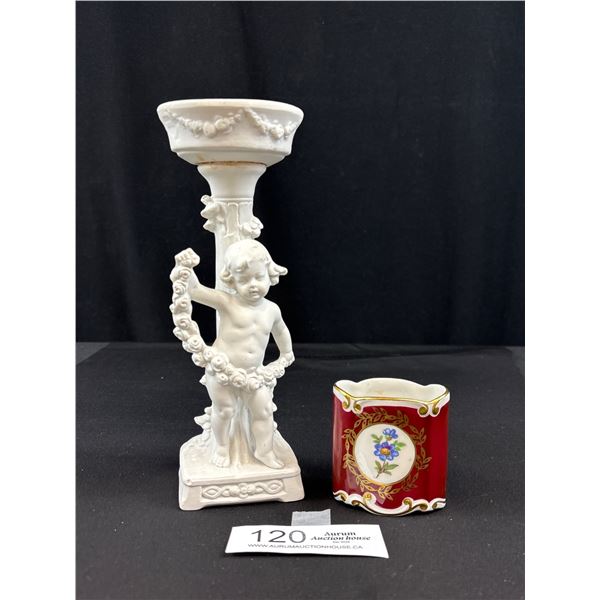 Vintage Porcelain JLMENAU GRAF VON HENNEBERG Germany Dish + Cherub Stand