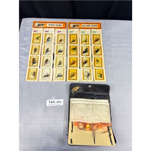 2 Vintage Fly Fishing Hooks Store Displays with Leather Pouch and More Fishing Hooks