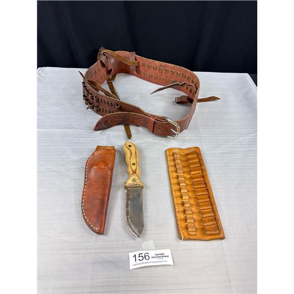 Vintage Knife with Sheath + 2 Leather Ammo Belts