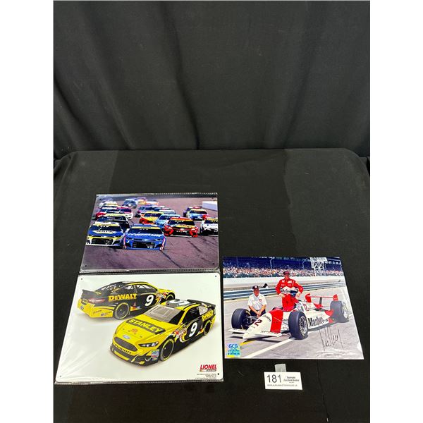 2 Tin Nascar Signs + Autographed Paul Tracy Racing Car