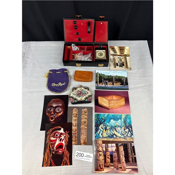 Vintage Travel Jewelry Box with Clock Filled With Collector Pins, Change Purses, and Old Postcards