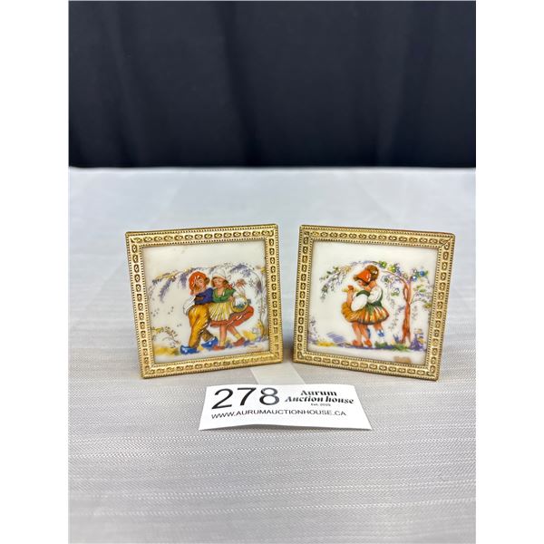 2 Vintage Metal Framed Porcelain Tabletop Pictures