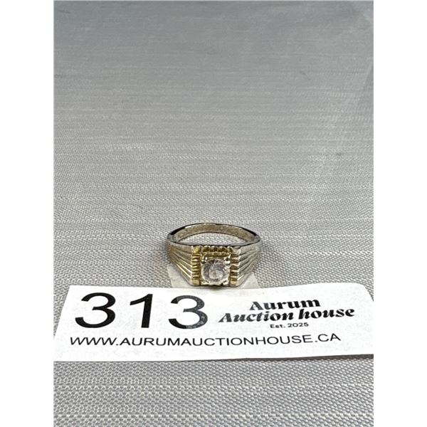 Vintage Mens Gold Ring Solitaire Simulated Diamond C.1970s