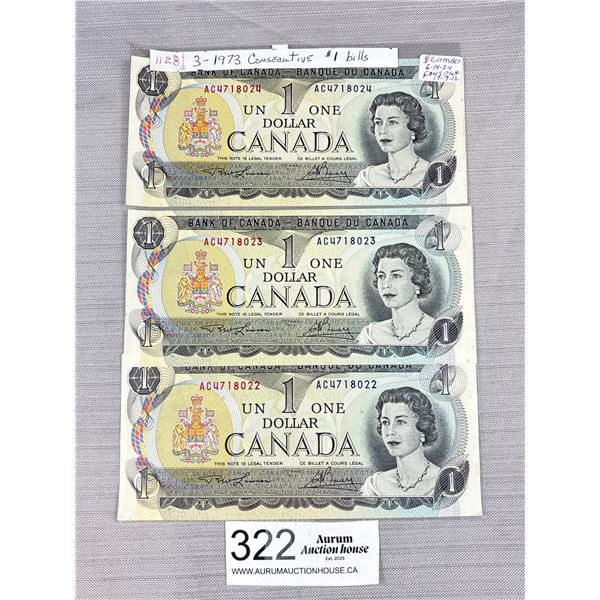 3 1973 Consecutive $1 Banknotes