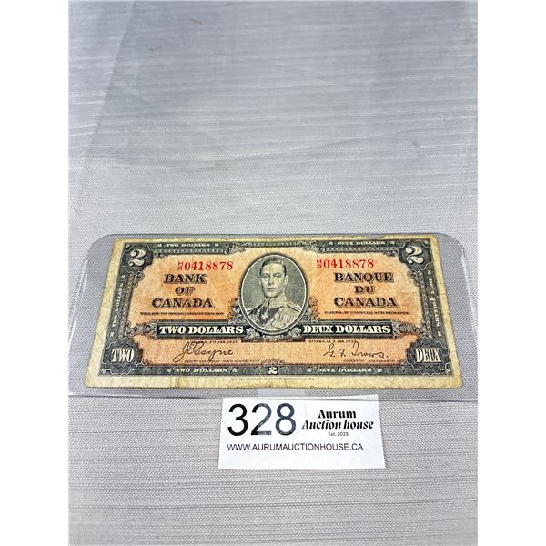 1937 Bank of Canada $2 Banknote in holder