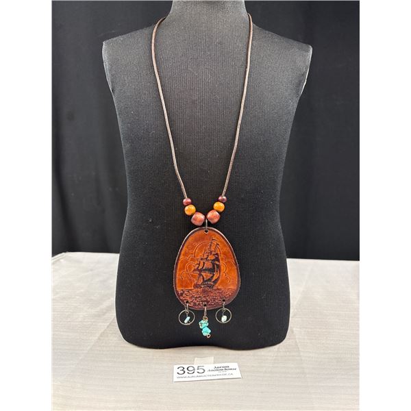 Vintage Leather Pendant w/ Turqouise Tassels + Cord Necklace