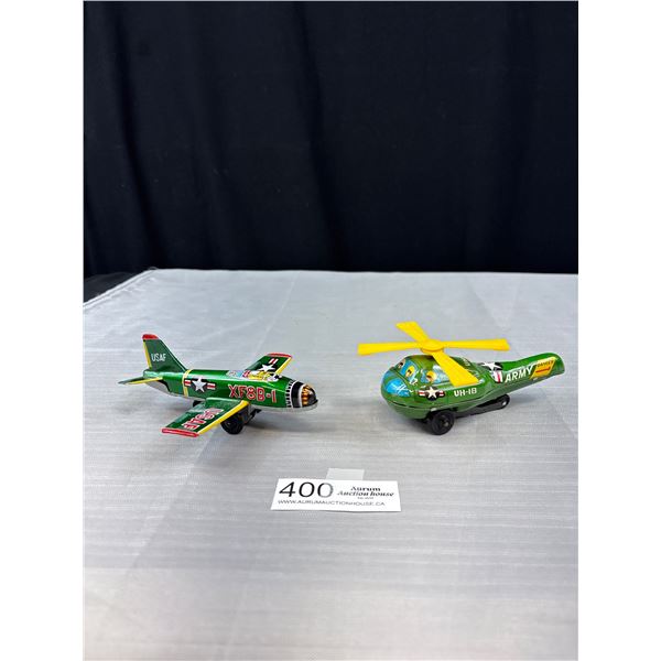 2 Vintage made in Japan Tin Toys - Army Plane & Helicopter