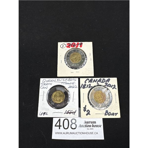 Lot of 3 Commemorative Twonies in holders Queen Elizabeth Death Etc