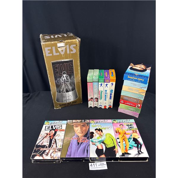 Large Elvis collectable lot - Lamp in box + VHS tapes