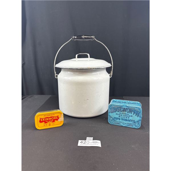 Vintage 10" tall porcelin pot with lid and two tobacco tins