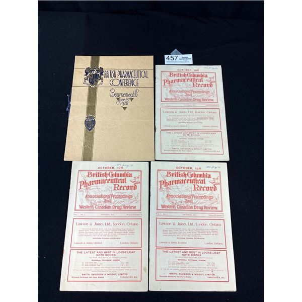 3 1911 British Columbia Pharmaceutical Record Magazines and 1936 Pharmaceutical Conference Menu