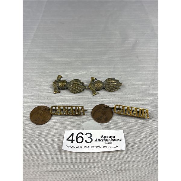 4 Old Military Badges, 2 Old Canada Pins, 1 w/ 1903 Coin and 1 w/ 1898 Coin and 2 Old "Ubilique" Bad