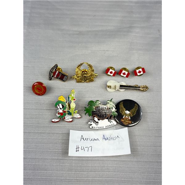 10 Vintage Pins, Guitar, 4 Harley Davidson, 3 Canada Flags +