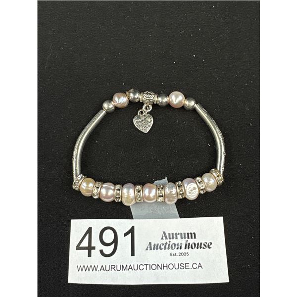 Silver w/ Natural Pearls Bracelet w/ One Charm Marked "Made with Love"