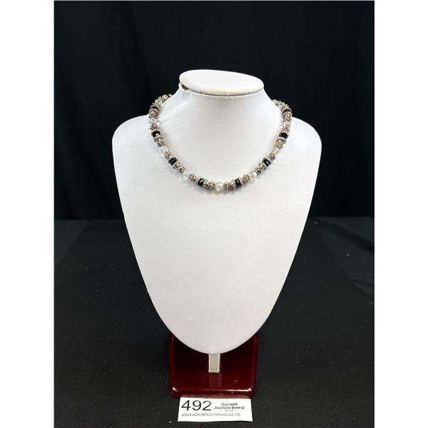 Silver w/ Black + Borealis Crystal Beads Necklace
