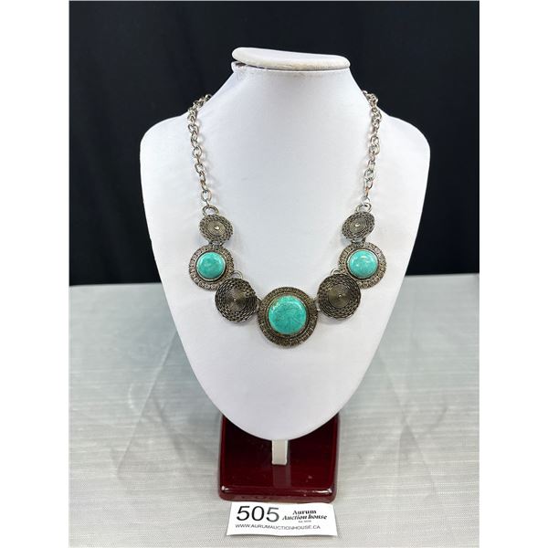Vintage Silver Tone Metal w/ Turqouise Necklace