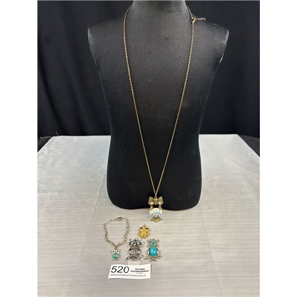 5 Vintage Owl Pendants, One w/ Chain + One w/ Bracelet