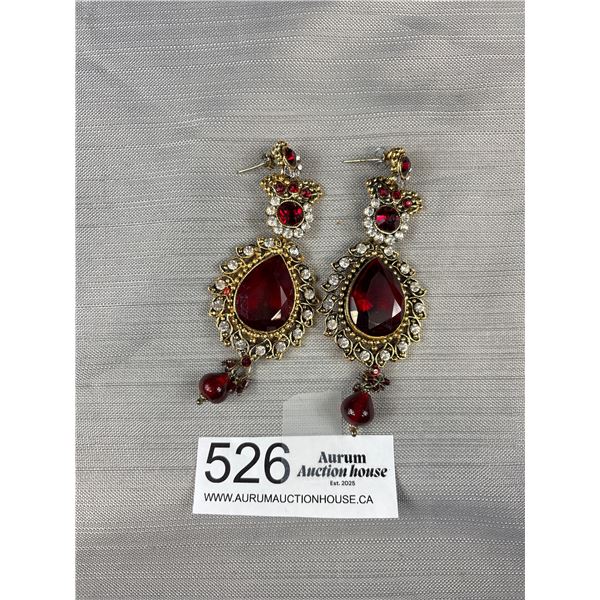 Nice Large Faceted Dark Red Glass Stones + More Stones Dangle Earrings