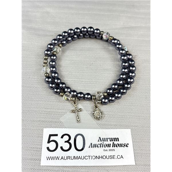 Dark Grey Beads Bracelet w/ 2 Religious Charms Dangling