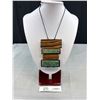 Image 1 : Vintage Wood Panels w/ Polished Turquoise Stones Pendant w/ Black Cord Necklace