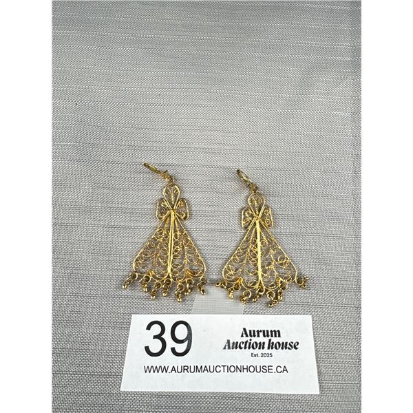 Gold Plated Silver Filigree w/ Original Shepard Hooks Dangling Earrings