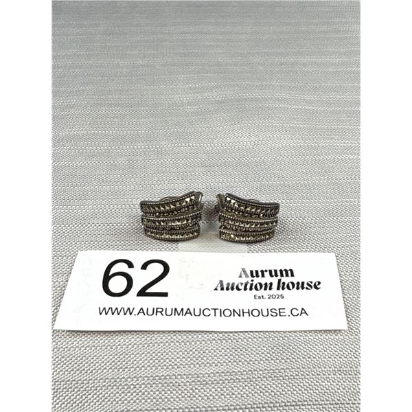 Pair of Vintage Sterling Silver w/ Markasite Stones Clip On Earrings