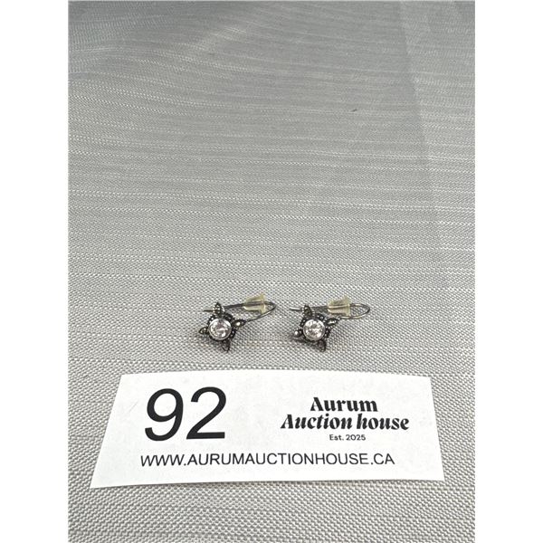 Lovely Pair of Sterling Silver w/ Marcasite + Crystal Stones Dangle Earrings