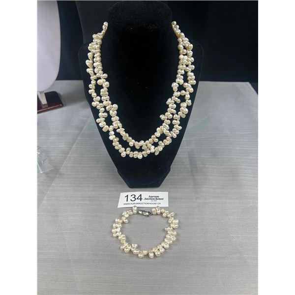 Extreme Long Genuine Cultured Freshwater Pearls Necklace + Matching Bracelet Set, Both Original Clas