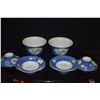 Image 2 : PAIR ANTIQUE CHINESE PORCELAIN TEA CUP SET, POLYCHROME W/PICTORIAL CARTOUCHE; SIGNED (DOES NOT INCLU