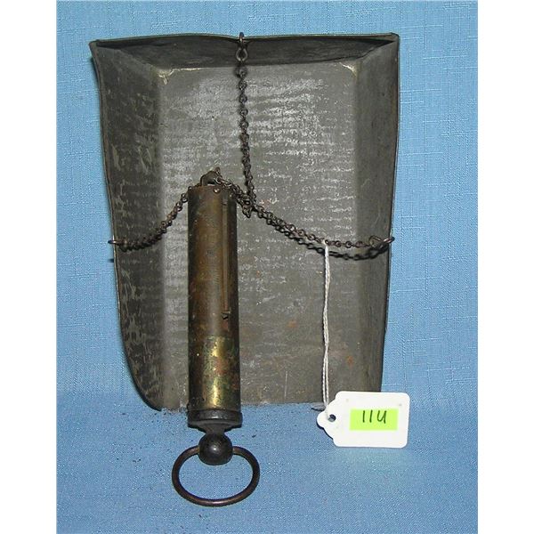 Antique brass hanging scale with tin scoop