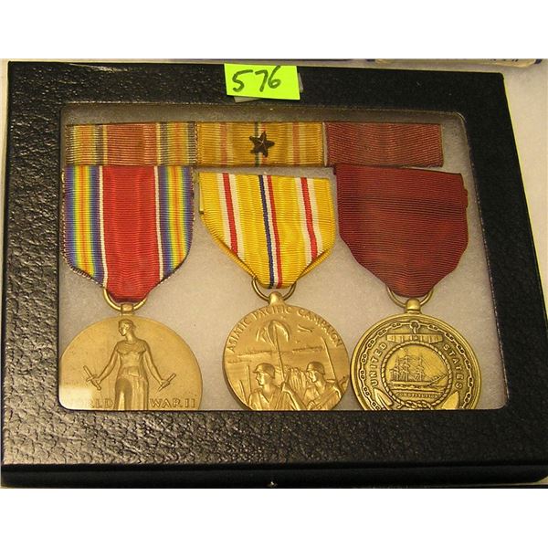 WWII Mil vets 3 piece medal, ribbon & bar set