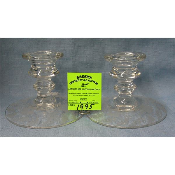 Pair of antique etched glass candle holders