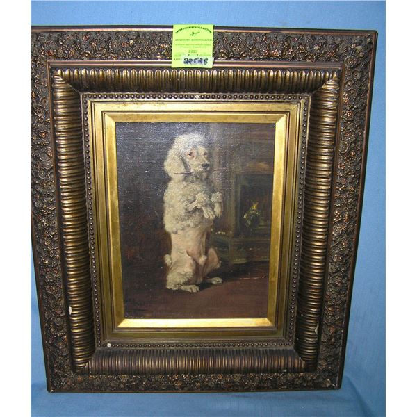 Antique oil on canvas painting stick fetching poodle on hind legs