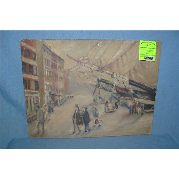 Antique nautical town scene oil on canvas painting