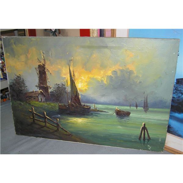 Oil on canvas windmill and water scene