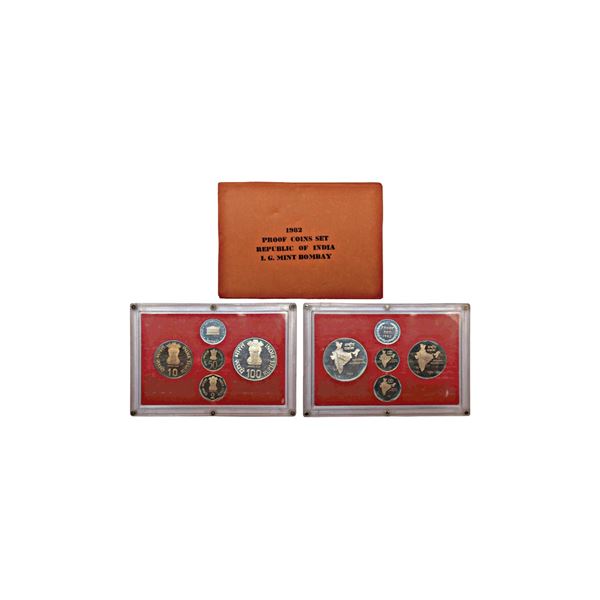 1982, National Integration, Proof set of 4 coins, 100 rupees, 10 rupees, 2 rupees and 50 paise