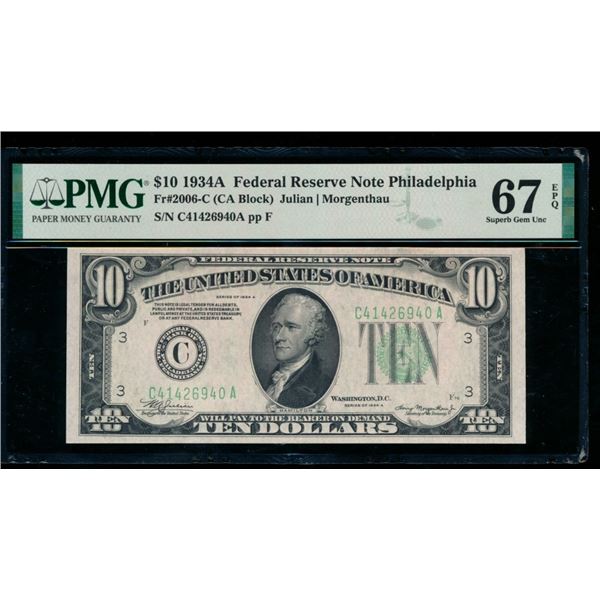1934A $10 Philadelphia FRN PMG 67EPQ