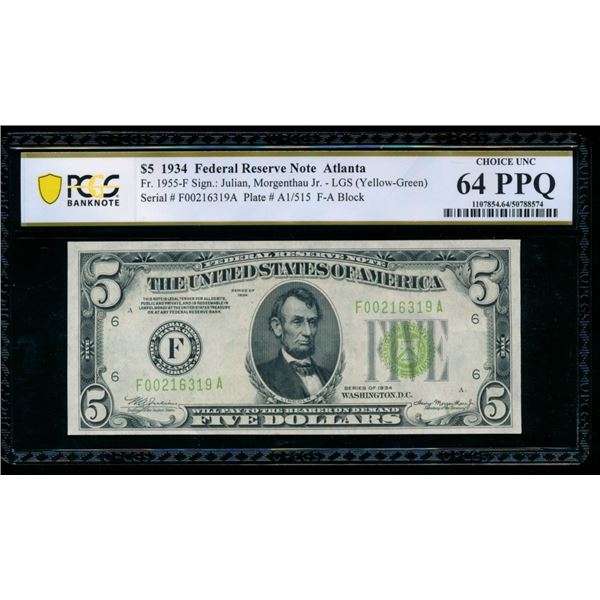 1934 $5 Atlanta FRN PCGS 64PPQ