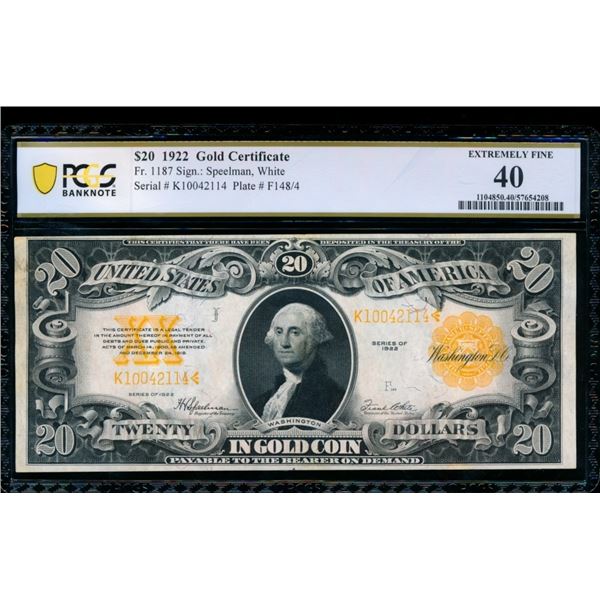 1922 $20 Gold Certificate PCGS 40