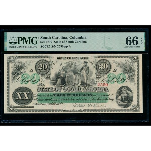 1872 $20 Columbia SC Obsolete PMG 66EPQ